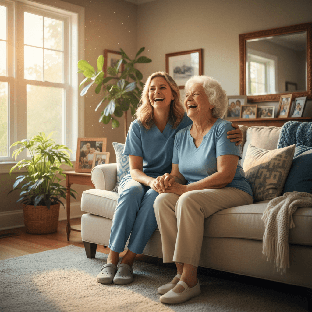 Caregiver and elderly woman sharing a warm moment