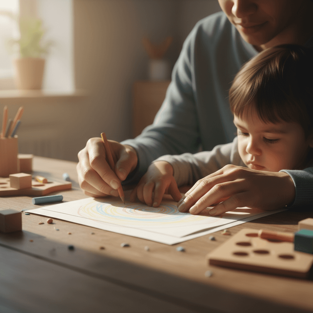Caregiver and child engaged in activity together