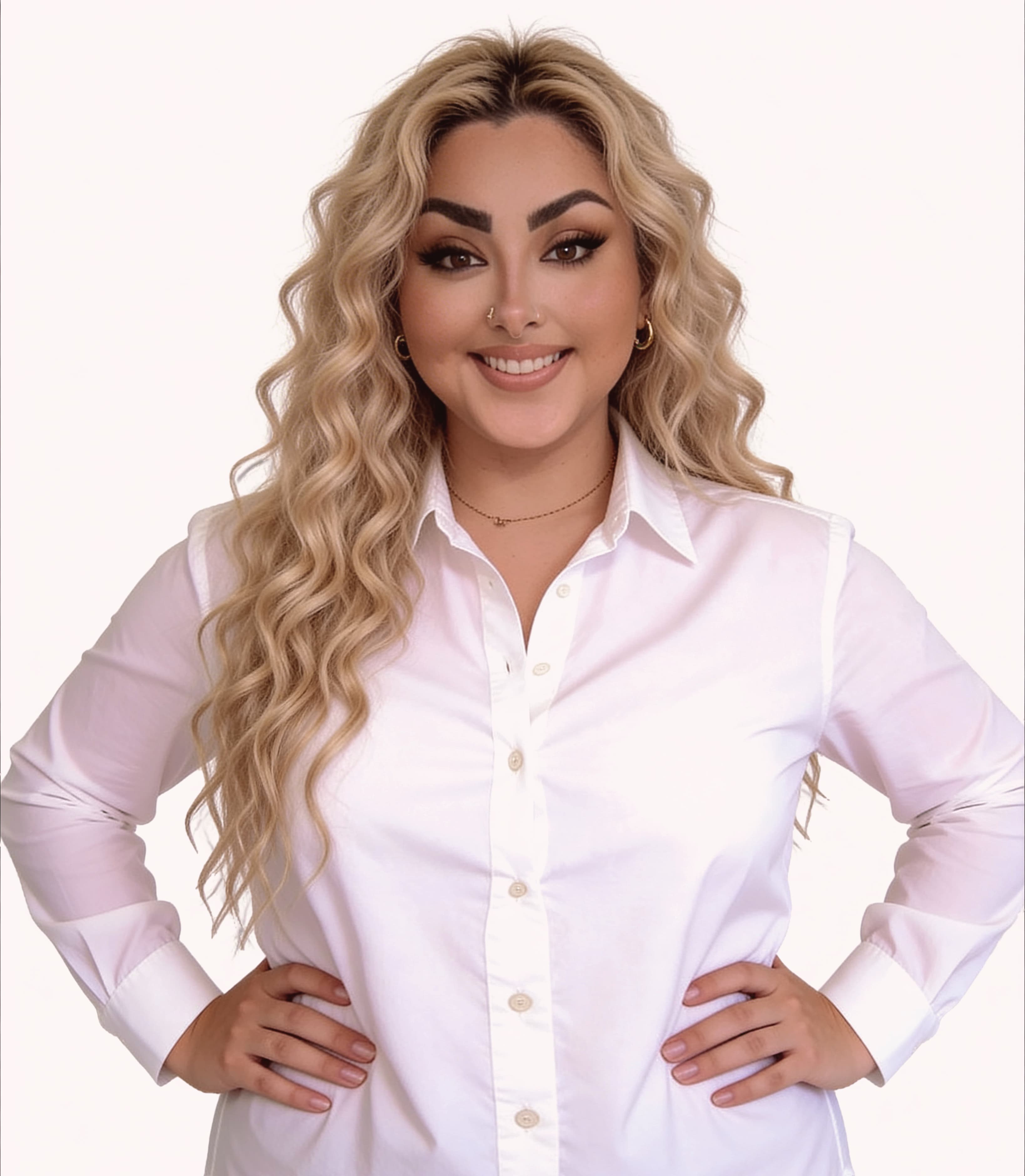 Smiling woman with long wavy blonde hair in a white button-down shirt, hands on hips.